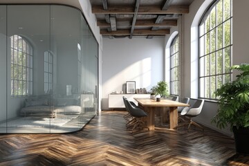 Bright, modern space with glass partition and wood floors