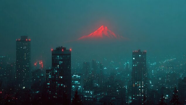 Night city skyline with illuminated mountain - Powered by Adobe