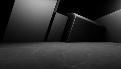 3d rendering of black abstract geometric modern dark room background. Scene for advertising design, showroom, technology, future, modern, sport, game, spaceship, warehouse, garage. Sci Fi Illustration