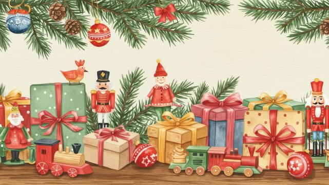 Christmas Gift Border with Toys and Ornaments - A charming watercolor illustration featuring a festive arrangement of Christmas gifts, toys, ornaments, and pine branches.