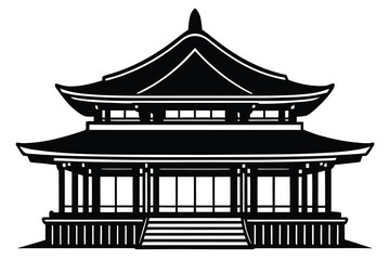 Silhouette of Japanese Pagoda with Tiered Roof, Columns, and Staircase Detail