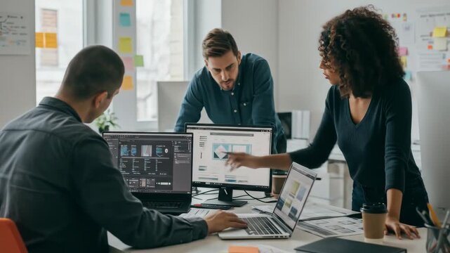 Collaborative Team Meeting in Modern Office - A dynamic team of three professionals engages in a collaborative discussion around a desk featuring multiple computer screens.