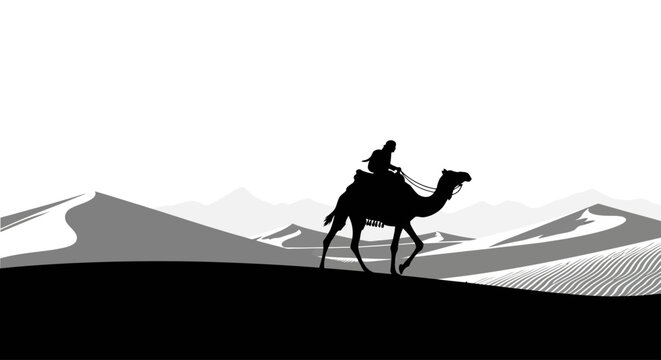 a silhouetted camel rider journeys across serene desert dunes at sunset, a minimalist vector illustration isolated on a transparent background.
