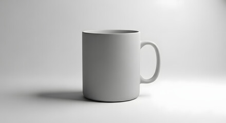 Obraz premium A plain white ceramic mug sits on a white surface, casting a soft shadow against a bright, neutral background.