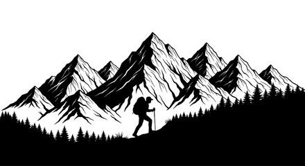 Obraz premium dramatic silhouette of a hiker ascending majestic mountains, isolated on transparent background: a powerful vector illustration for adventure and travel designs