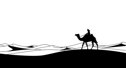 Fototapeta premium serene silhouette of a camel rider crossing the sands: a minimalist black and white illustration isolated on a transparent background