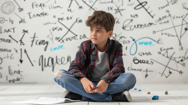 Young Math Science Boy Genius Writing. A young boy child is writing out math and science equations and formulas. He is sitting on the floor on a white background. Use it for a school, study or learnin