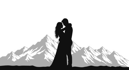 silhouette of a loving couple embracing against a majestic mountain range, isolated on a transparent background – perfect for romantic designs