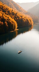 Boat on Autumn Lake with Forest Landscape