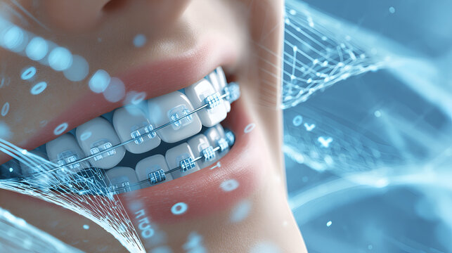 A close-up of a person's smile, revealing braces and a futuristic digital interface. This image merges dental care with technology. 