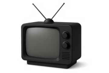 3d rendering of a vintage black television set with rabbit ear antenna, isolated on transparent background