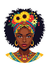 isolated flat illustration with transparent background of a beautiful smiling African woman in a vibrant traditional headwrap and ornate necklace. Ideal for celebrating African culture and diversity