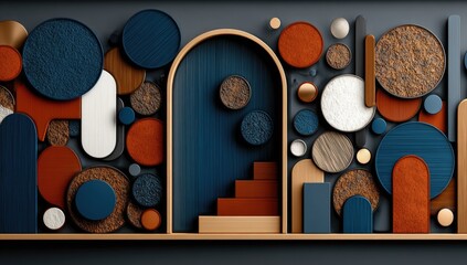 Geometric shapes, wood, and color in a modern design