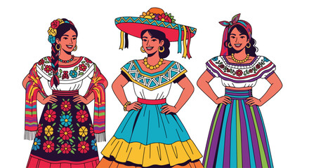 Isolated flat illustration with transparent background of three smiling women in traditional vibrant Mexican dresses and accessories, celebrating Mexican culture. Ideal for cultural themes and events