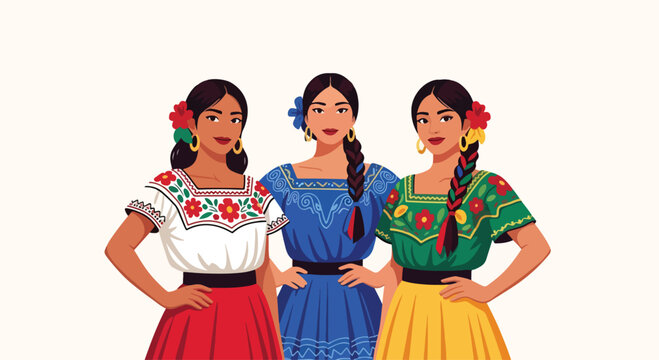 Isolated flat illustration with transparent background of three smiling women in traditional vibrant Mexican dresses and accessories, celebrating Mexican culture. Ideal for cultural themes and events