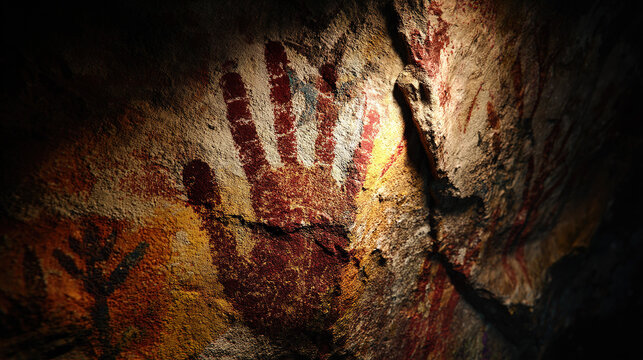 A striking handprint in red, a relic of ancient cave paintings.