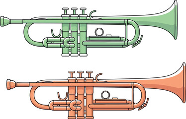 Two colorful trumpets one green and one orange isolated on a white background