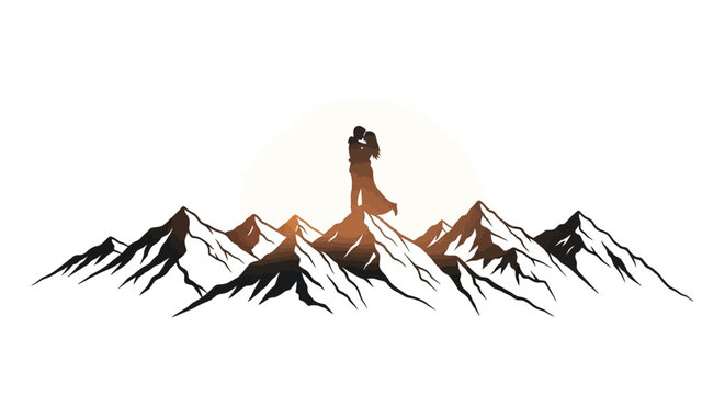 silhouette of a couple embracing atop majestic mountains at sunset, isolated on transparent background – romantic mountaintop vector illustration