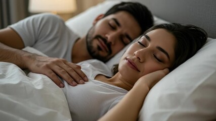 A couple sleeping peacefully in bed, man and woman resting comfortably together in a cozy bedroom