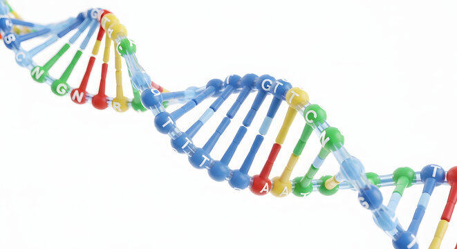 Colorful DNA double helix model, showcasing the structure and genetic code, isolated on a white background.