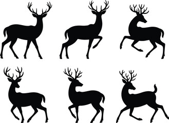 Set of standing deer black silhouettes of wild stag vector illustration
