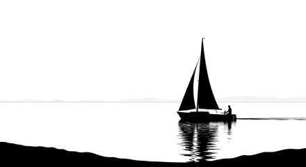 serene sailboat silhouette on calm water: a minimalist black and white illustration isolated on transparent background