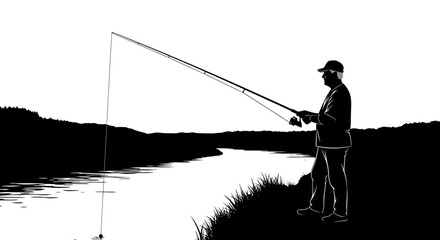 serene silhouette of a fisherman casting his line at sunset over a tranquil river, isolated on a transparent background, vector illustration