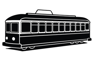 Silhouette of Vintage Black and White Trolley Car with Numerous Windows and Curved Rails