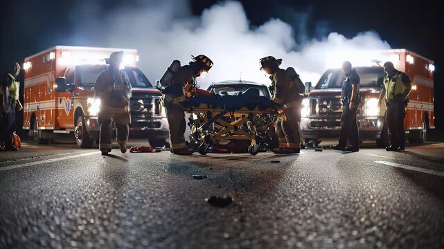Emergency Responders Attending Car Crash Scene With Ambulances At Night On Dark Road With Smoke And Bright Lights
