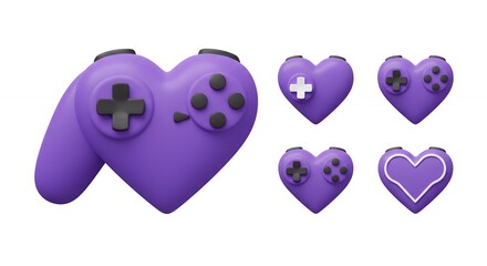 Heart shaped game controllers in purple isolated on white background