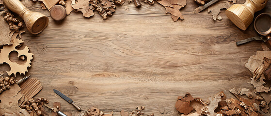 Handmade wooden table surrounded by various woodworking tools and materials, showcasing beauty of craftsmanship and creativity