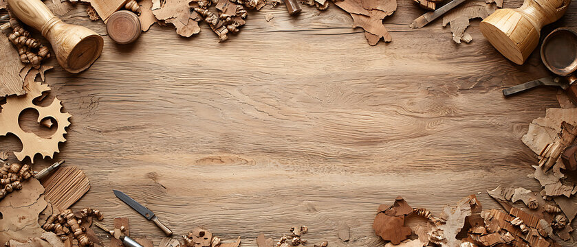 Handmade wooden table surrounded by various woodworking tools and materials, showcasing beauty of craftsmanship and creativity