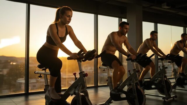 Group Indoor Cycling Class at Sunset - A group of individuals participate in an indoor cycling class during sunset, with glowing orange and yellow hues seen through large windows.