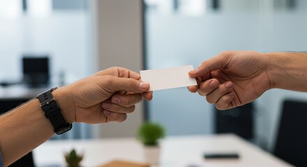 Business Card Exchange: Hands Passing Blank Card Office Setting.