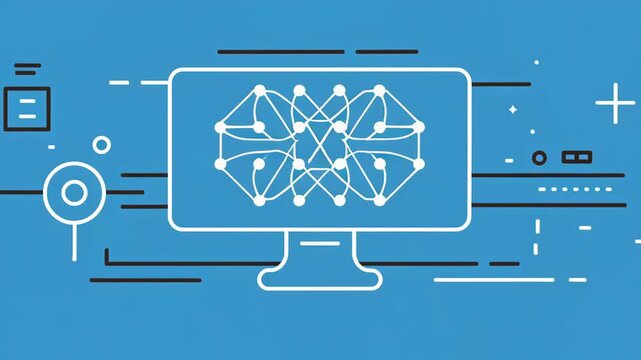 AI Quantum Computing Research and Development concept, Computer monitor with abstract digital elements on a blue background