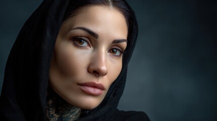 Intersectional feminism concept. A close-up of a woman with tattoos wearing a dark hood.