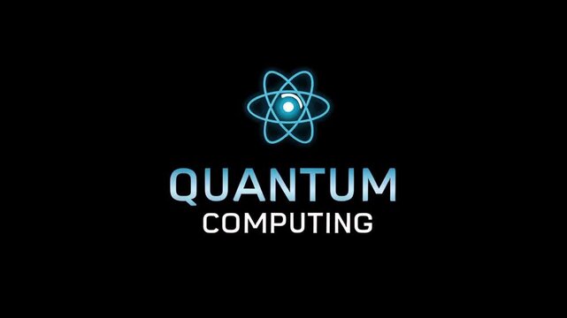 AI Quantum Computing Research and Development concept, Quantum computing logo with an atom symbol on a black background.