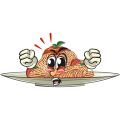 angry spaghetti mascot cartoon, funny pasta character vector on plate with tomato sauce and cheese, work of hand drawn