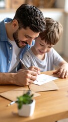 Obraz premium A father and son sit at a table, engrossed in drawing together. They share a warm, intimate moment
