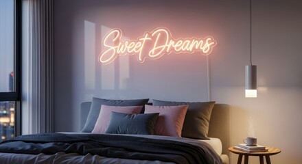 Cozy bedroom with neon "Sweet Dreams" sign, soft pillows, and warm evening lighting.