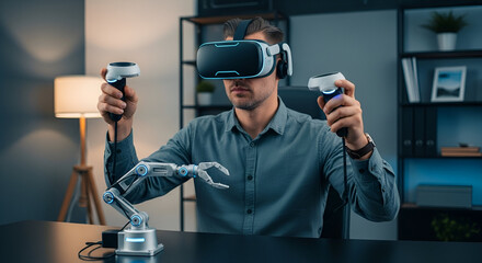 A focused man in a modern office explores interactive virtual reality, manipulating a robotic arm with advanced controllers, showcasing immersive digital advancement.