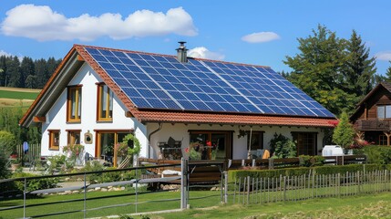 A house with solar panels on the roof surrounded by green grass and trees under a blue sky with clouds
