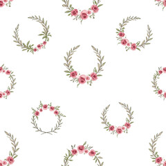 Watercolor floral wreaths with pink roses and green leaves seamless pattern