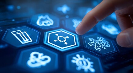 Hand selecting a chemical icon on a digital interface