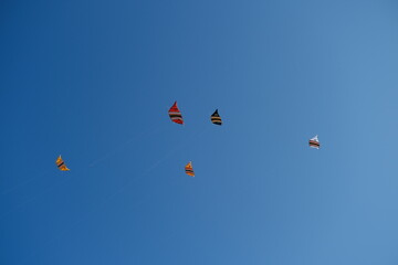 Colorful Kites Flying in Bright Blue Sky
