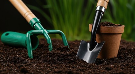 Gardening Tools in Soil: Shovel Fork and Pot.