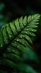 Close up of a fern frond covered in water droplets, dark green tones, natural setting.