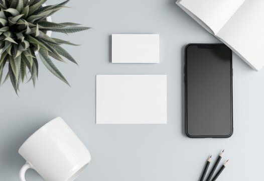 Flat lay design mockups of stationery and a phone.