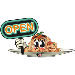cute spaghetti mascot cartoon showing a sign that says open, funny pasta character vector on plate with tomato sauce and cheese, work of hand drawn
