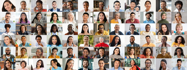 This vibrant collage captures the joyful faces of a diverse group of individuals, showcasing multiracial and polyethnic backgrounds.